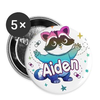 AIDEN - Schöner Jungen Name mit süßem Waschbär - Buttons groß 56 mm (5er Pack) - Weiß - Vorne