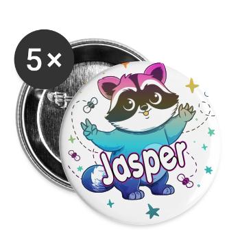 JASPER - Schöner Jungen Name mit süßem Waschbär - Buttons groß 56 mm (5er Pack) - Weiß - Vorne
