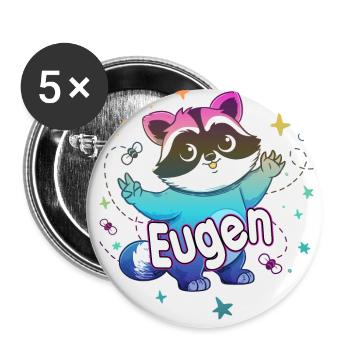 EUGEN - Schöner Jungen Name mit süßem Waschbär - Buttons groß 56 mm (5er Pack) - Weiß - Vorne