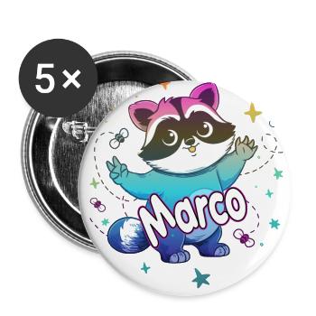 MARCO - Schöner Jungen Name mit süßem Waschbär - Buttons groß 56 mm (5er Pack) - Weiß - Vorne