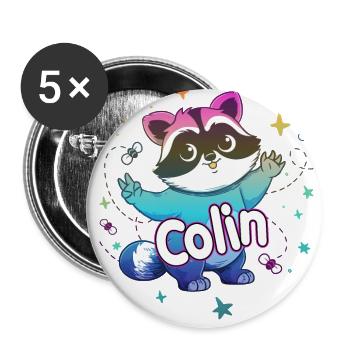 COLIN - Schöner Jungen Name mit süßem Waschbär - Buttons groß 56 mm (5er Pack) - Weiß - Vorne