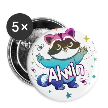ALWIN - Beautiful boy name with cute raccoon - Buttons large 2.2''/56 mm (5-pack) - white - Front