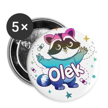 OLEK - Schöner Jungen Name mit süßem Waschbär - Buttons groß 56 mm (5er Pack) - Weiß - Vorne
