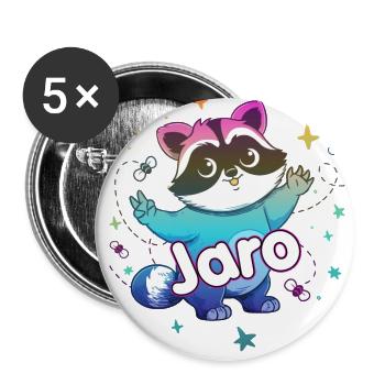 JARO - Beau nom de garçon avec un raton laveur mignon - Lot de 5 grands badges (56 mm) - blanc - Devant