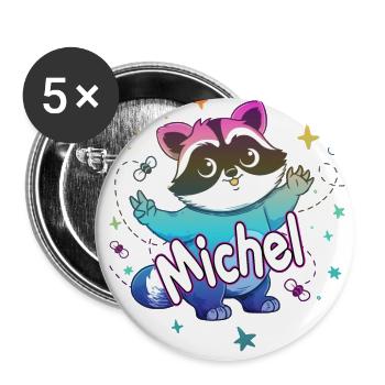MICHEL - Beautiful boy name with cute raccoon - Buttons large 2.2''/56 mm (5-pack) - white - Front