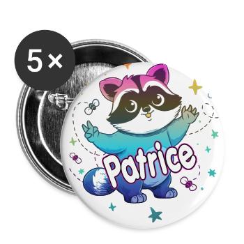 PATRICE - Schöner Jungen Name mit süßem Waschbär - Buttons groß 56 mm (5er Pack) - Weiß - Vorne