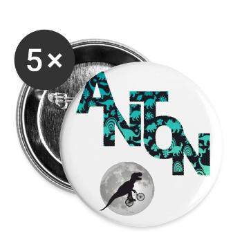 ANTON - Schöner Jungen Name mit Dinosaurier - Buttons groß 56 mm (5er Pack) - Weiß - Vorne