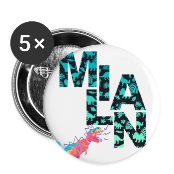MILAN - Schöner Jungen Name mit Dinosaurier - Buttons groß 56 mm (5er Pack) - Weiß - Vorne
