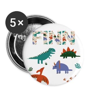 FINN - Schöner Jungen Name mit Dinosaurier - Buttons groß 56 mm (5er Pack) - Weiß - Vorne