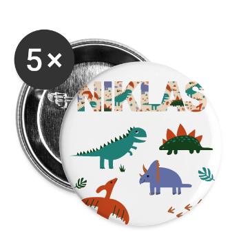NIKLAS - Schöner Jungen Name mit Dinosaurier - Buttons groß 56 mm (5er Pack) - Weiß - Vorne