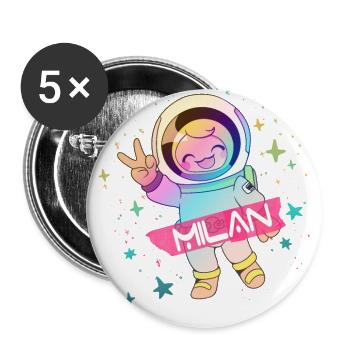 MILAN - Schöner Jungen Name mit süßem Astronaut - Buttons groß 56 mm (5er Pack) - Weiß - Vorne