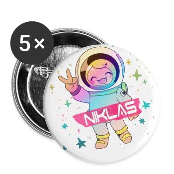 NIKLAS - Beau nom de garçon avec astronaute mignon - Lot de 5 grands badges (56 mm) - blanc - Devant