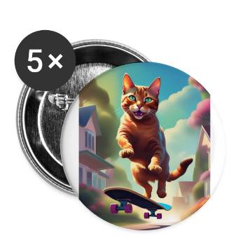 Katze Skateboaring - Buttons groß 56 mm (5er Pack) - Weiß - Vorne