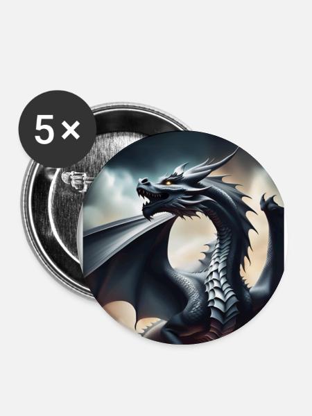 Grauer Drache - Buttons groß 56 mm (5er Pack) - Weiß