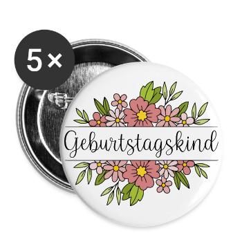 Schriftzug "Geburtstagskind" mit zartrosa Blumen - Buttons groß 56 mm (5er Pack) - Weiß - Vorne