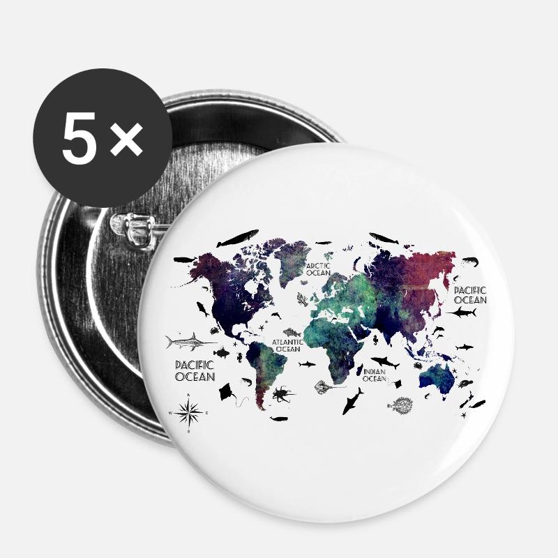 world map with oceans - Buttons large 2.2''/56 mm (5-pack) - white