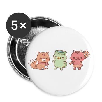 Trio japonais mignon de yokai Kitsune Kappa et Oni - Lot de 5 grands badges (56 mm) - blanc - Devant