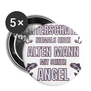 Angler - Unterschätze niemals alten Mann mit Angel - Buttons groß 56 mm (5er Pack) - Weiß - Vorne