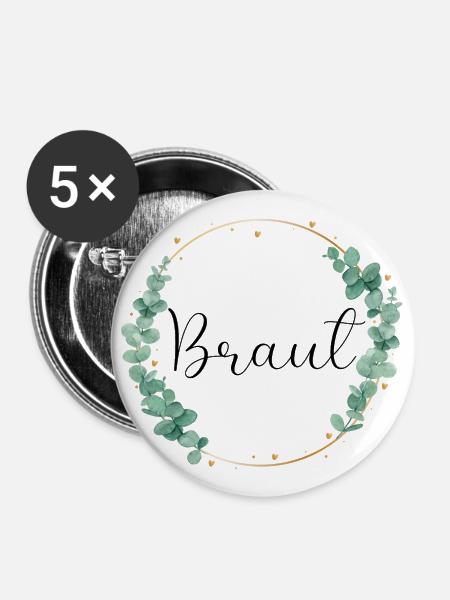 Eukalyptus Herz - Braut - Buttons groß 56 mm (5er Pack) - Weiß