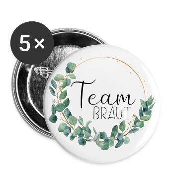 Eukalyptus Hochzeit - Team Braut - 1 - Buttons groß 56 mm (5er Pack) - Weiß - Vorne