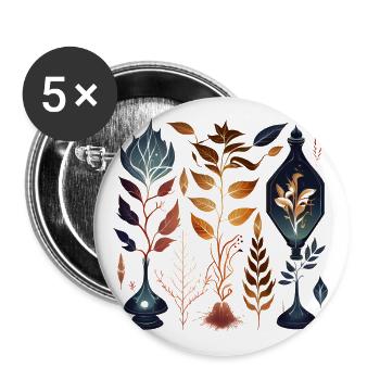 Herbier magique avec plantes, feuilles, filets - Lot de 5 grands badges (56 mm) - blanc - Devant