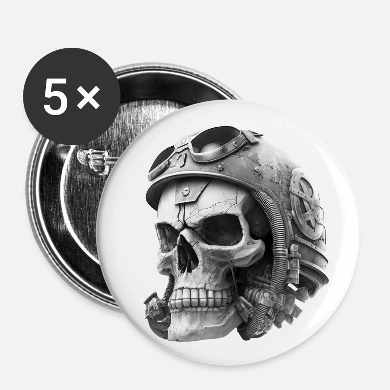 Skull with helmet - Buttons large 2.2''/56 mm (5-pack) - white
