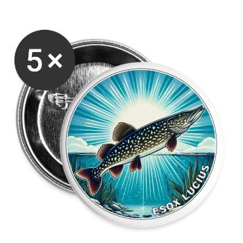 Hecht Angeln Fisch Raubfisch - Buttons groß 56 mm (5er Pack) - Weiß - Vorne