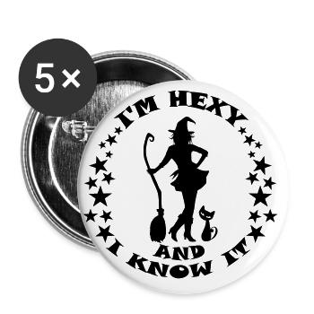 I'm Hexy and I know it - Spruch mit Hexe und Katze - Buttons groß 56 mm (5er Pack) - Weiß - Vorne