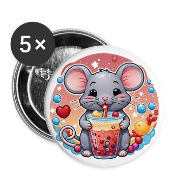 Kleine Süße Maus mit Erfrischung und Strohhalm - Buttons groß 56 mm (5er Pack) - Weiß - Vorne