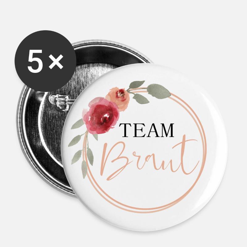 Team Braut - Vintage Blumen - Buttons groß 56 mm (5er Pack) - Weiß