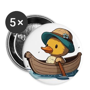 Canard mignon en bateau à rames avec chapeau d’été et fleur - Lot de 5 grands badges (56 mm) - blanc - Devant