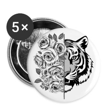 Tiger Tigerkopf Raubkatze Großkatze Rosen - Buttons groß 56 mm (5er Pack) - Weiß - Vorne