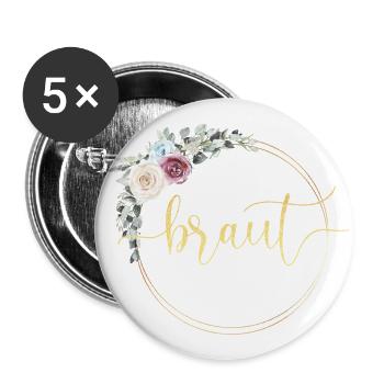 TEAM BRAUT! Blumen Kranz personalisierbar - Buttons groß 56 mm (5er Pack) - Weiß - Vorne