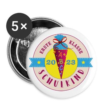 Schulkind 2023 Erste Klasse Label - Buttons groß 56 mm (5er Pack) - Weiß - Vorne