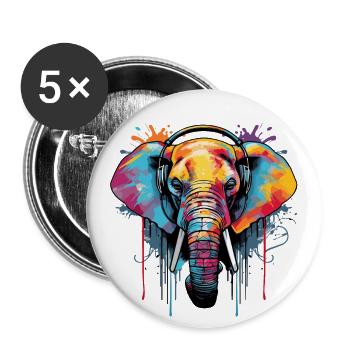 Elefant mit Kopfhörer Musik - Buttons groß 56 mm (5er Pack) - Weiß - Vorne