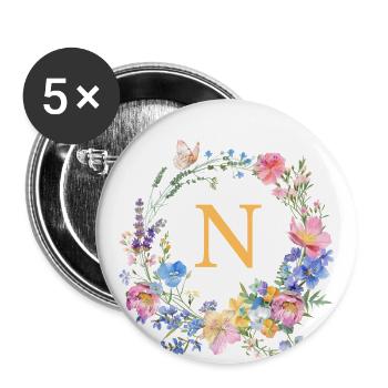 N Monogram Floral, Floral Wreath, Personalizable - Buttons large 2.2''/56 mm (5-pack) - white - Front