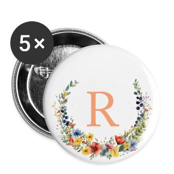 R Monogramm Floral, Blumenkranz, personalisierbar - Buttons groß 56 mm (5er Pack) - Weiß - Vorne