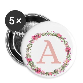 Un monogramme, couronne de fleurs, personnalisable - Lot de 5 grands badges (56 mm) - blanc - Devant