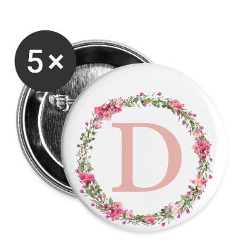 D Monogram, Couronne de fleurs, Personnalisable - Lot de 5 grands badges (56 mm) - blanc - Devant