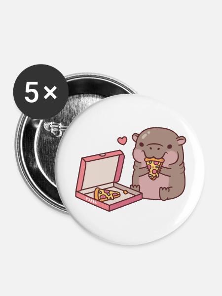 Carino ippopotamo pigmeo ama mangiare la pizza - Confezione da 5 spille grandi (56 mm) - bianco