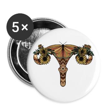 Feminismus Uterus, Schmetterling für Vulva - Buttons groß 56 mm (5er Pack) - Weiß - Vorne