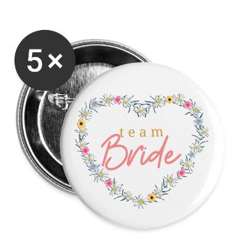 L’équipe de la mariée ! Coeur de fleur, personnalisable - Lot de 5 grands badges (56 mm) - blanc - Devant
