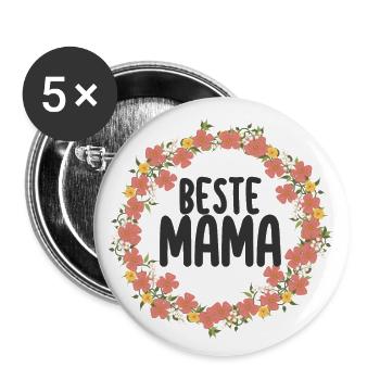 Beste Mama Blumenkranz - Buttons groß 56 mm (5er Pack) - Weiß - Vorne