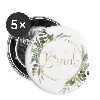 Team Braut! Eukalyptus Kreis - Buttons groß 56 mm (5er Pack) - Weiß - Vorne