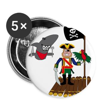 Piraten-Papagei Floß Hai - Buttons groß 56 mm (5er Pack) - Weiß - Vorne