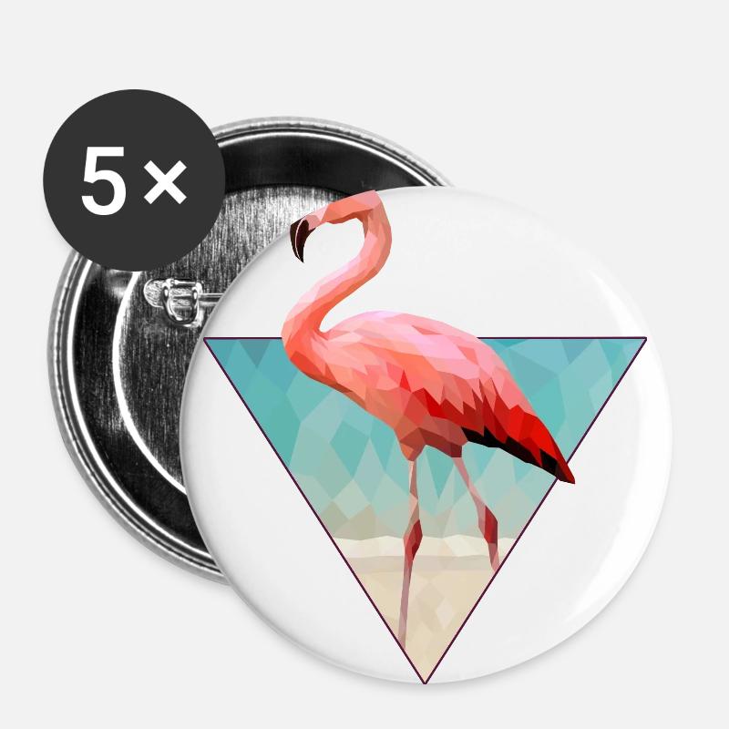 Pink Flamingo am Strand im Low Poly Style - Buttons groß 56 mm (5er Pack) - Weiß