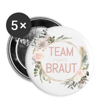 Team Braut! Eukalyptus Blumen Kreis - Buttons groß 56 mm (5er Pack) - Weiß - Vorne