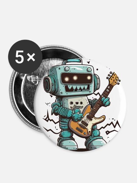 Rock'n'Roll-Roboter - Buttons groß 56 mm (5er Pack) - Weiß