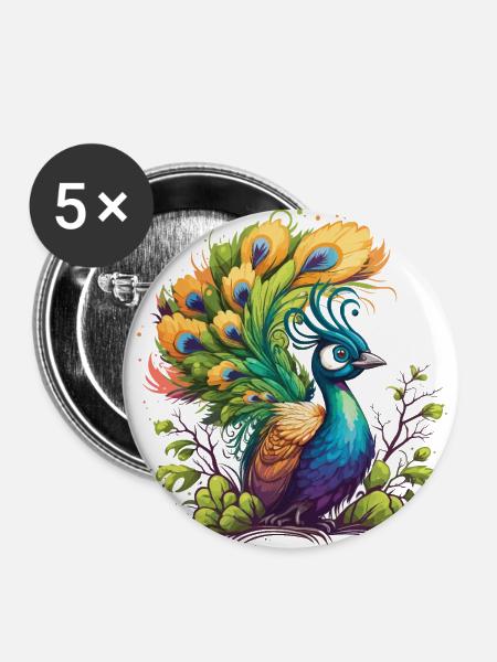 Stolzer Pfau - Buttons groß 56 mm (5er Pack) - Weiß