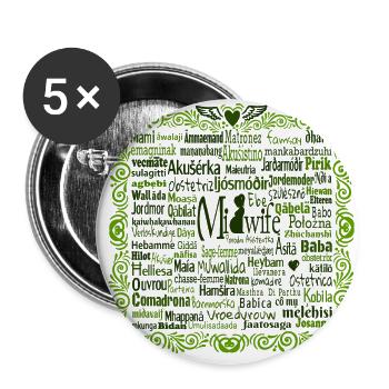 Hebamme International grü - Buttons groß 56 mm (5er Pack) - Weiß - Vorne
